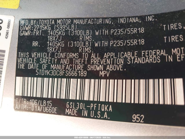 Toyota 2gr-fks 2015 5TDYK3DC8FS666189 Image 9