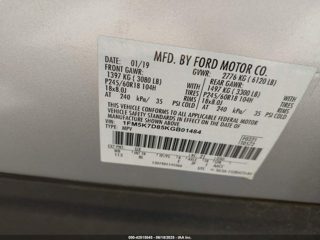 1FM5K7D85KGB01484 Ford 3.5l ti-vct