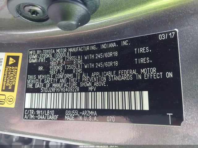 5TDJZRFH7HS409228 Toyota 2gr-fks
