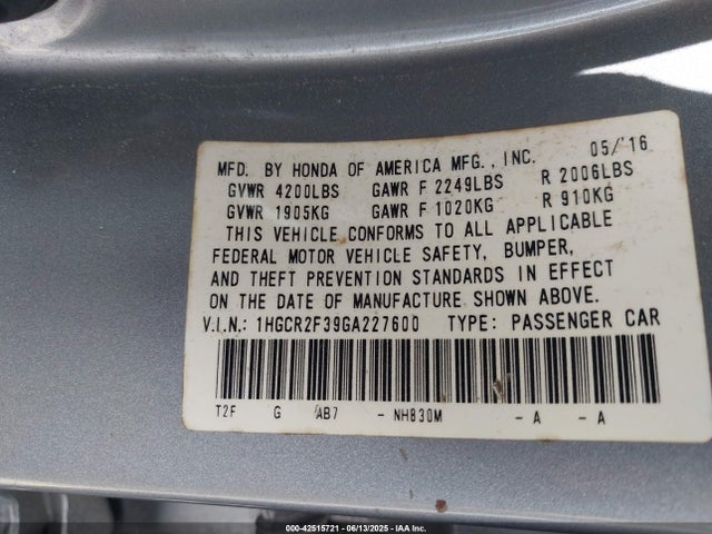 1HGCR2F39GA227600 Honda ACCORD LX