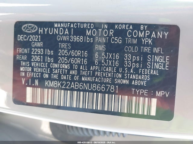 KM8K22AB6NU866781 Hyundai mpi nu pe
