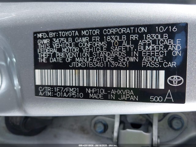 JTDKDTB34G1139431 Toyota 1nz-fxe+1lm