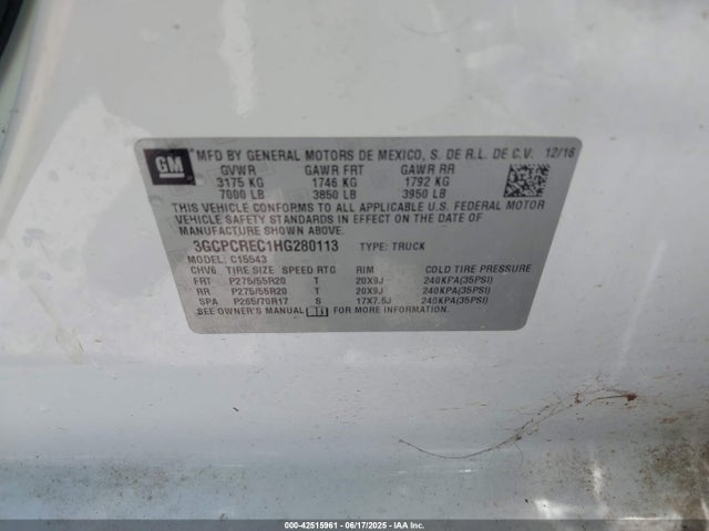 3GCPCREC1HG280113 Chevrolet l83 - sidi: spark ignited direct injection, vvt: variable valve timing, afm, e85 max, alum