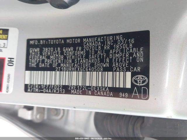 2T1BURHEXGC640508 Toyota 2zr-fe