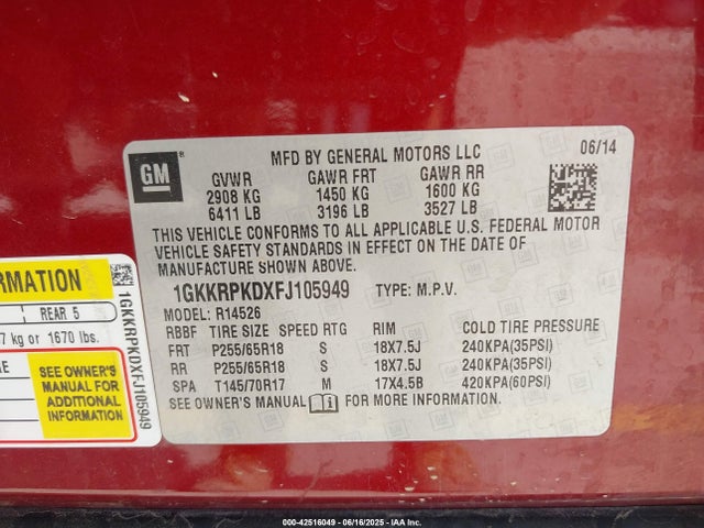 1GKKRPKDXFJ105949 GMC llt