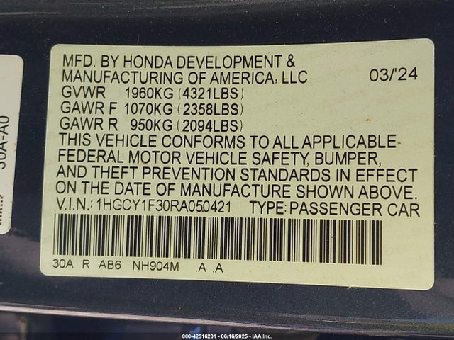 1HGCY1F30RA050421 Honda ACCORD EX