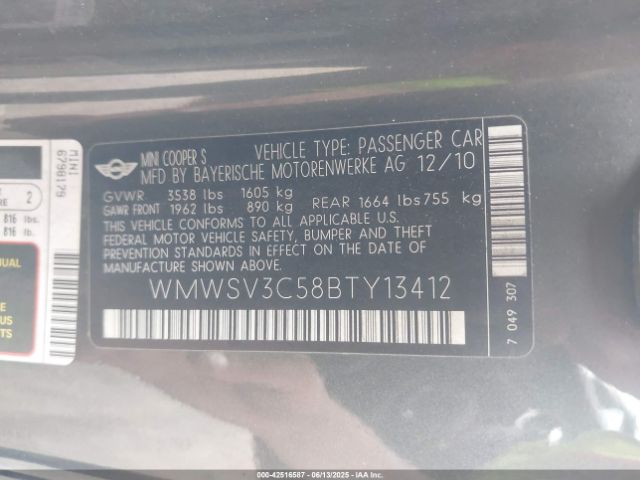 2011 MINI COOPER S WMWSV3C58BTY13412 Photo 8