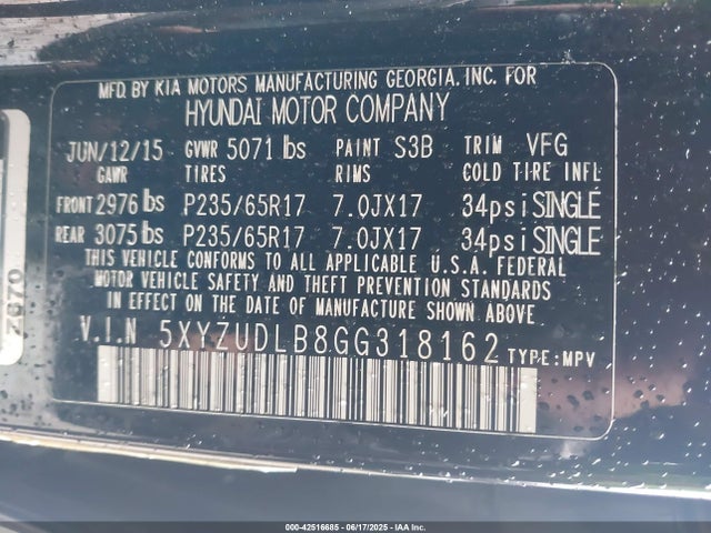 5XYZUDLB8GG318162 Hyundai gdi theta ii