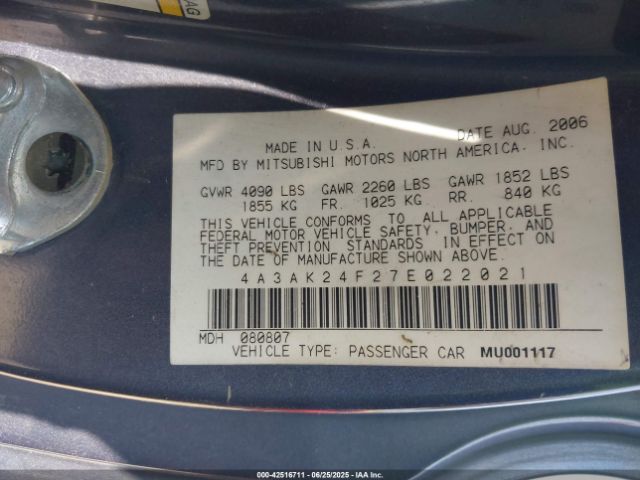2007 MITSUBISHI ECLIPSE 4A3AK24F27E022021 Photo 8