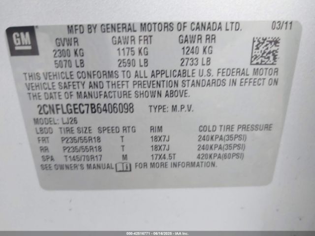 2011 CHEVROLET EQUINOX 2CNFLGEC7B6406098 Photo 8