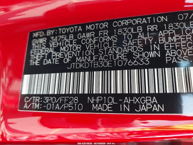 JTDKDTB30E1076633 Toyota 1nz-fxe+1lm