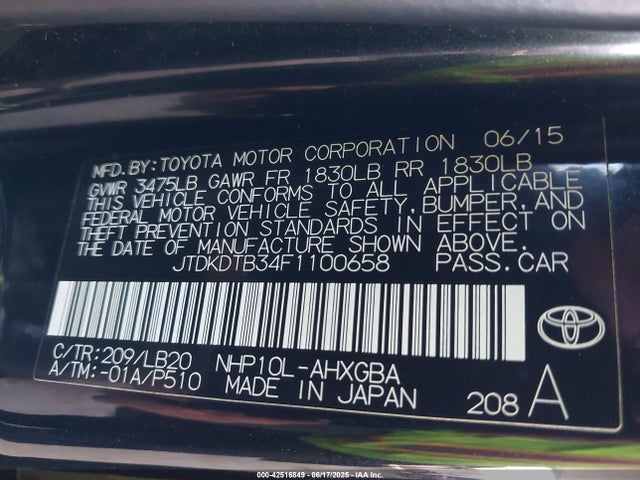 JTDKDTB34F1100658 Toyota 1nz-fxe+1lm