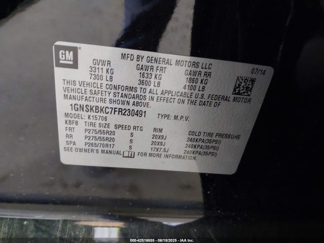 1GNSKBKC7FR230491 Chevrolet l83 - vvt, active fuel management, aluminum