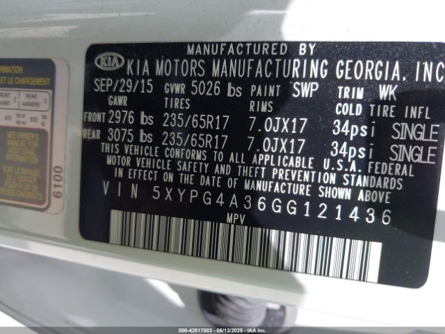 5XYPG4A36GG121436 KIA Sorento 2.4l Lx