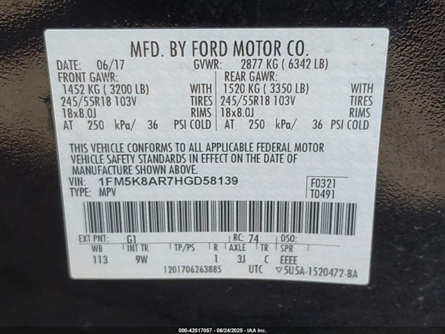 1FM5K8AR7HGD58139 Ford 3.7l ti-vct