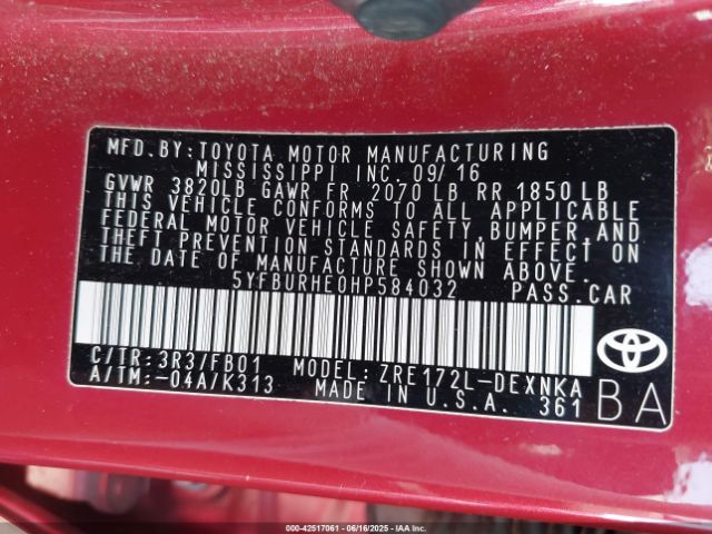 5YFBURHE0HP584032 Toyota 2zr-fe