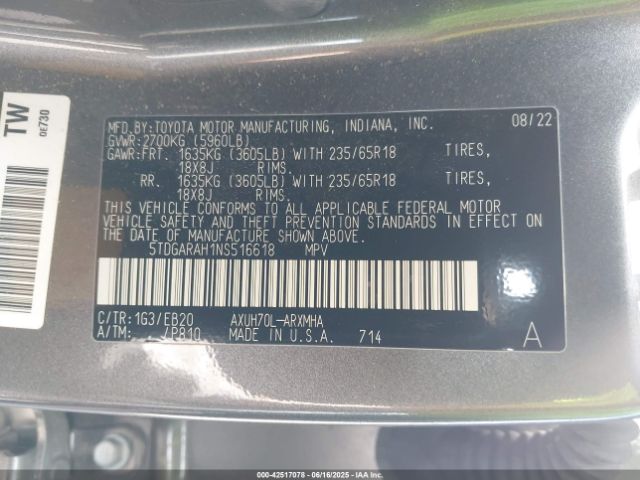 2022 TOYOTA HIGHLANDER 5TDGARAH1NS516618 Photo 8