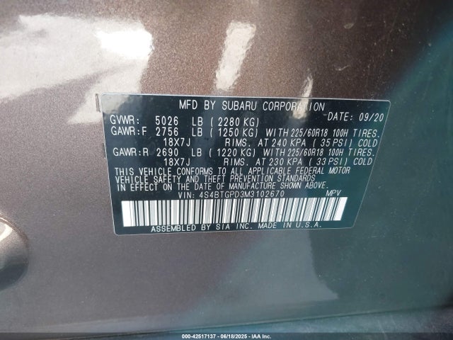 4S4BTGPD3M3102670 Subaru 2021