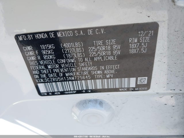 3CZRU5H13NM725645 Honda r18z9