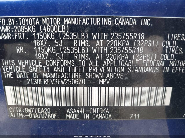 2T3DFREV3FW250670 Toyota 2ar-fe