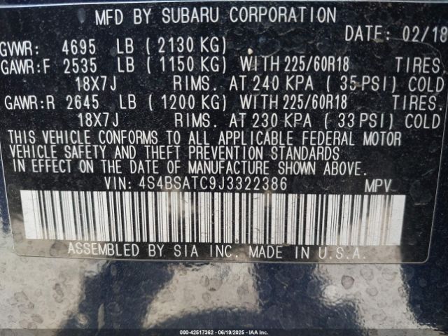2018 SUBARU OUTBACK 4S4BSATC9J3322386 Photo 8