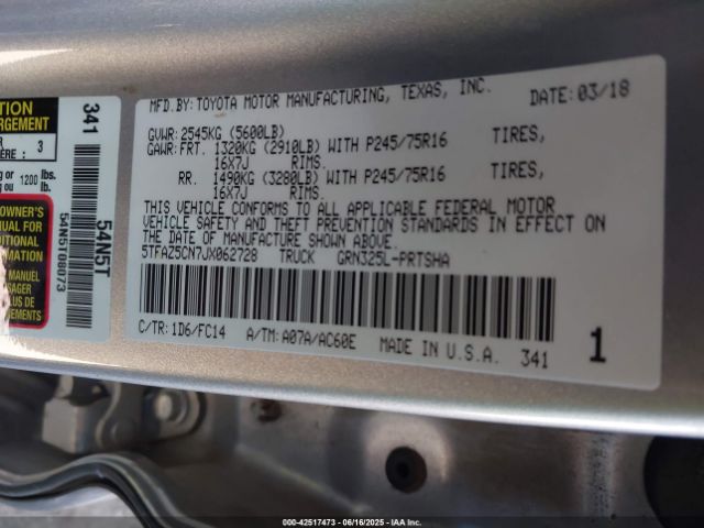 5TFAZ5CN7JX062728 Toyota 2gr-fks