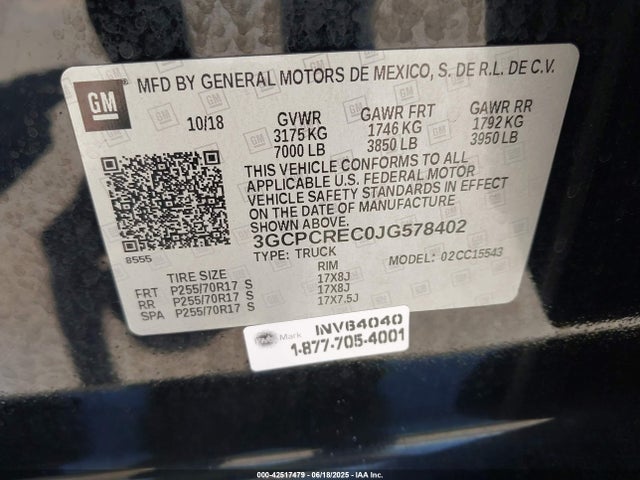 3GCPCREC0JG578402 Chevrolet l83 - sidi: spark ignited direct injection, vvt: variable valve timing, afm, e85 max, alum