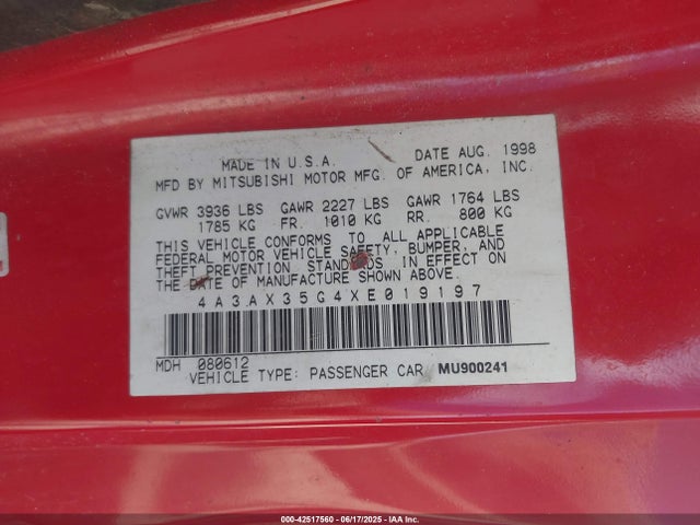 Продаж на аукціоні авто 1999 Mitsubishi Eclipse Spyder Gs, vin: 4A3AX35G4XE019197, номер лоту: 42517560