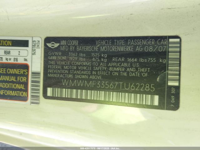2007 MINI COOPER WMWMF33567TU62285 Photo 8