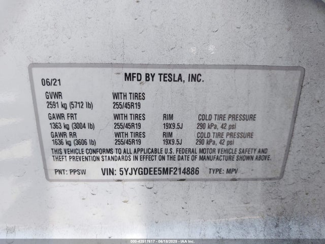 2021 TESLA MODEL Y 5YJYGDEE5MF214886 Photo 8