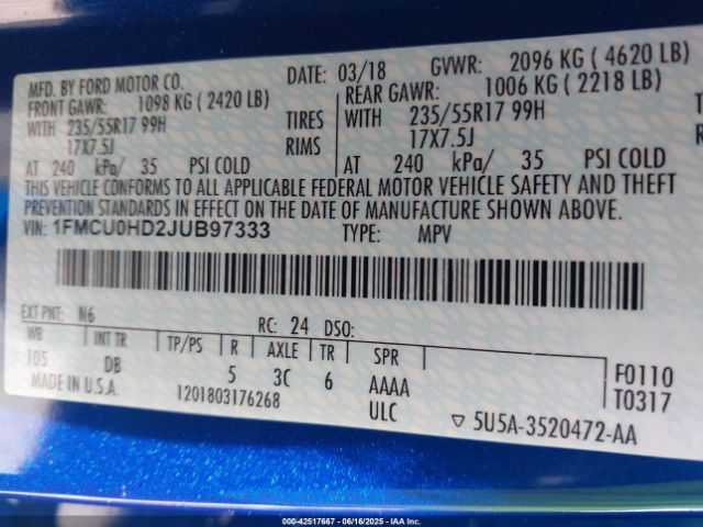 1FMCU0HD2JUB97333 Ford 1.5l gtdi sigma w/premium fuel
