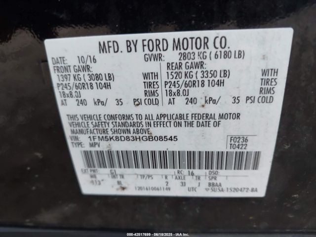 2017 FORD EXPLORER 1FM5K8D83HGB08545 Photo 8