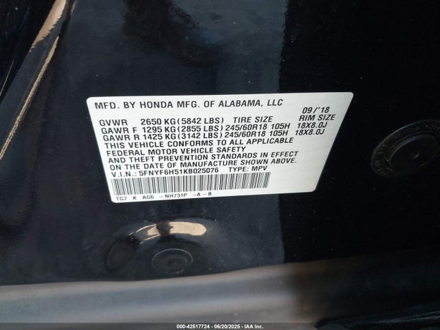 5FNYF6H51KB025076 Honda j35y6