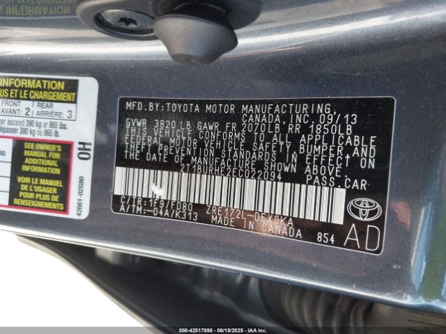 2T1BURHE2EC022094 Toyota 2zr-fe