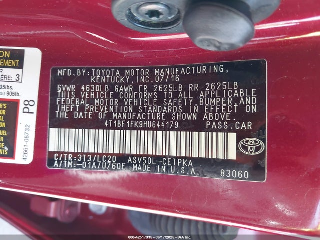 4T1BF1FK9HU644179 Toyota 2ar-fe