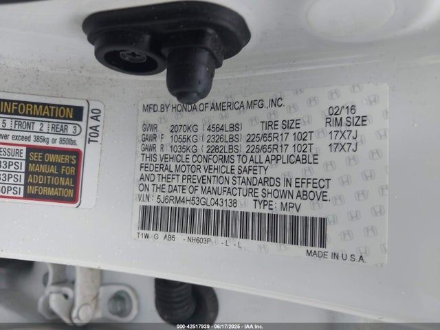 Honda k24w9 2016 5J6RM4H53GL043138 Image 9