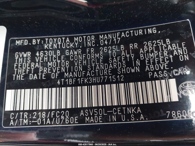 4T1BF1FK3HU771512 Toyota 2ar-fe