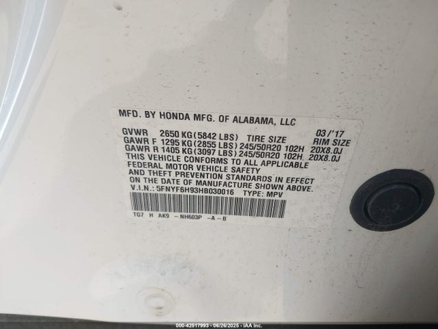 Honda j35y6 2017 5FNYF6H93HB030016 Image 9