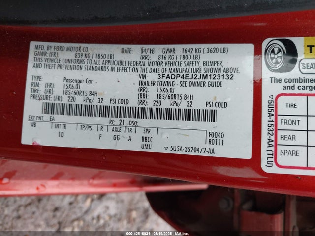2018 Ford Fiesta Se მანქანა იყიდება აუქციონზე, vin: 3FADP4EJ2JM123132, აუქციონის ნომერი: 42518031
