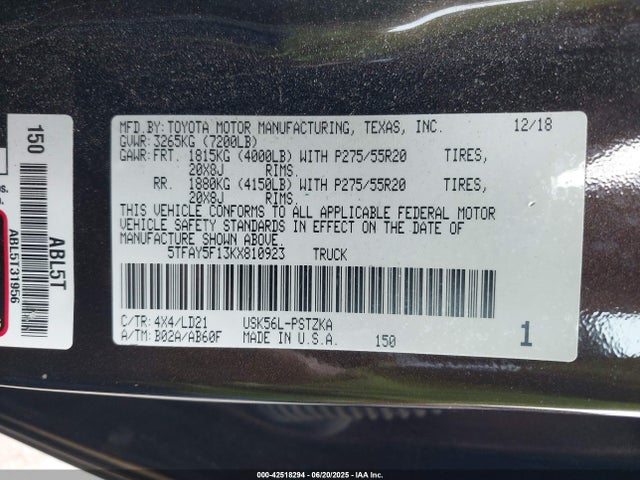 5TFAY5F13KX810923 Toyota 3ur-fe