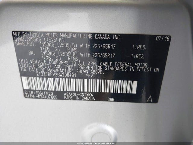 2T3ZFREV2GW298491 Toyota 2ar-fe