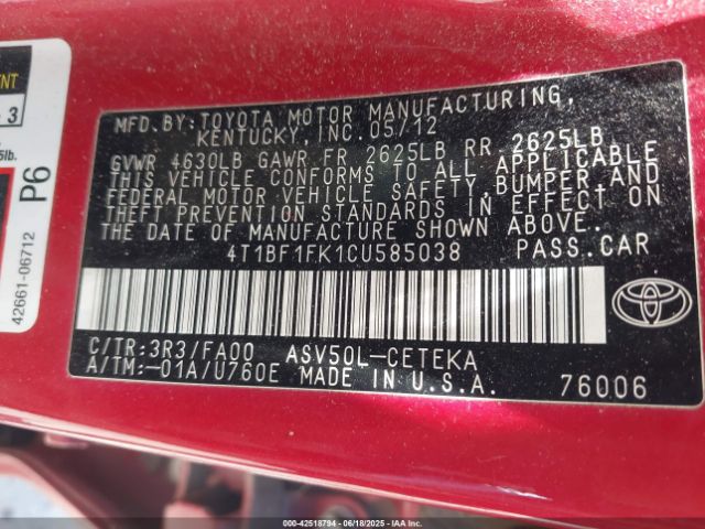 2012 TOYOTA CAMRY 4T1BF1FK1CU585038 Photo 8