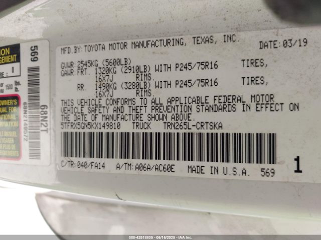 5TFRX5GN5KX149810 Toyota 2tr-fe