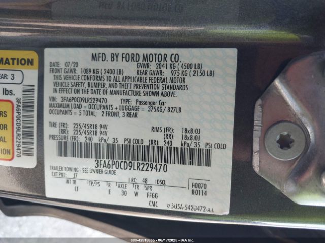 2020 FORD FUSION 3FA6P0CD9LR229470 Photo 8