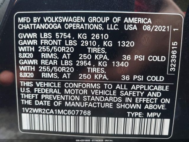 2021 VOLKSWAGEN ATLAS 1V2WR2CA1MC607768 Photo 8