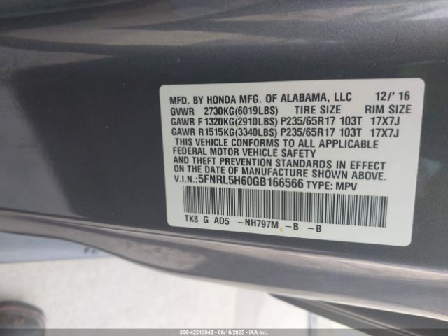 5FNRL5H60GB166566 Honda Odyssey Ex-l