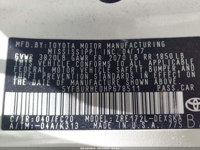 2017 TOYOTA COROLLA 5YFBURHE0HP678511 Photo 8