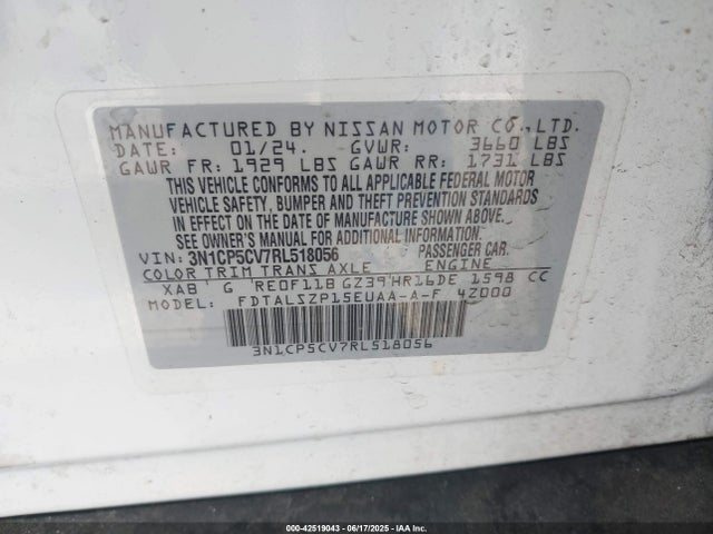 Aukcja sprzedaży 2024 Nissan Kicks Sv Xtronic Cvt, vin: 3N1CP5CV7RL518056, numer aukcji: 42519043