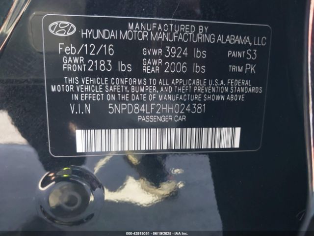 5NPD84LF2HH024381 Hyundai 2017