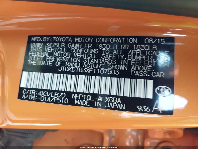 JTDKDTB3XF1107503 Toyota 1nz-fxe+1lm